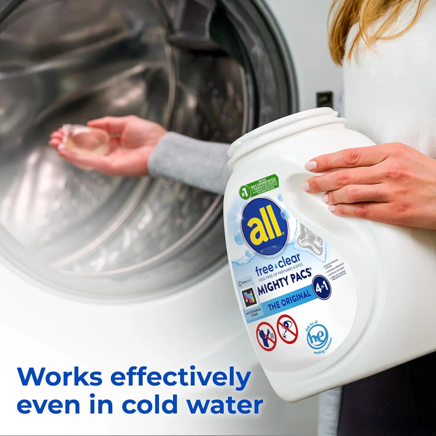 All Mighty Pacs Laundry Detergent, Free Clear for Sensitive Skin, Tub, 60's 1.12kg - Image 4
