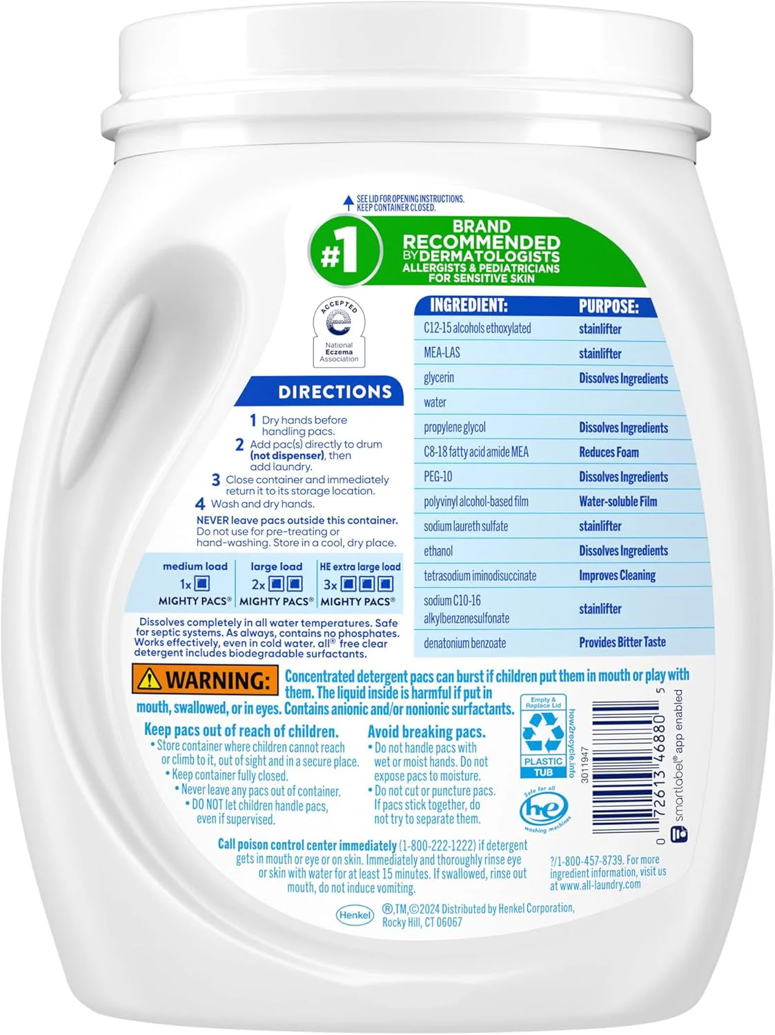 All Mighty Pacs Laundry Detergent, Free Clear for Sensitive Skin, Tub, 60's 1.12kg - Image 5