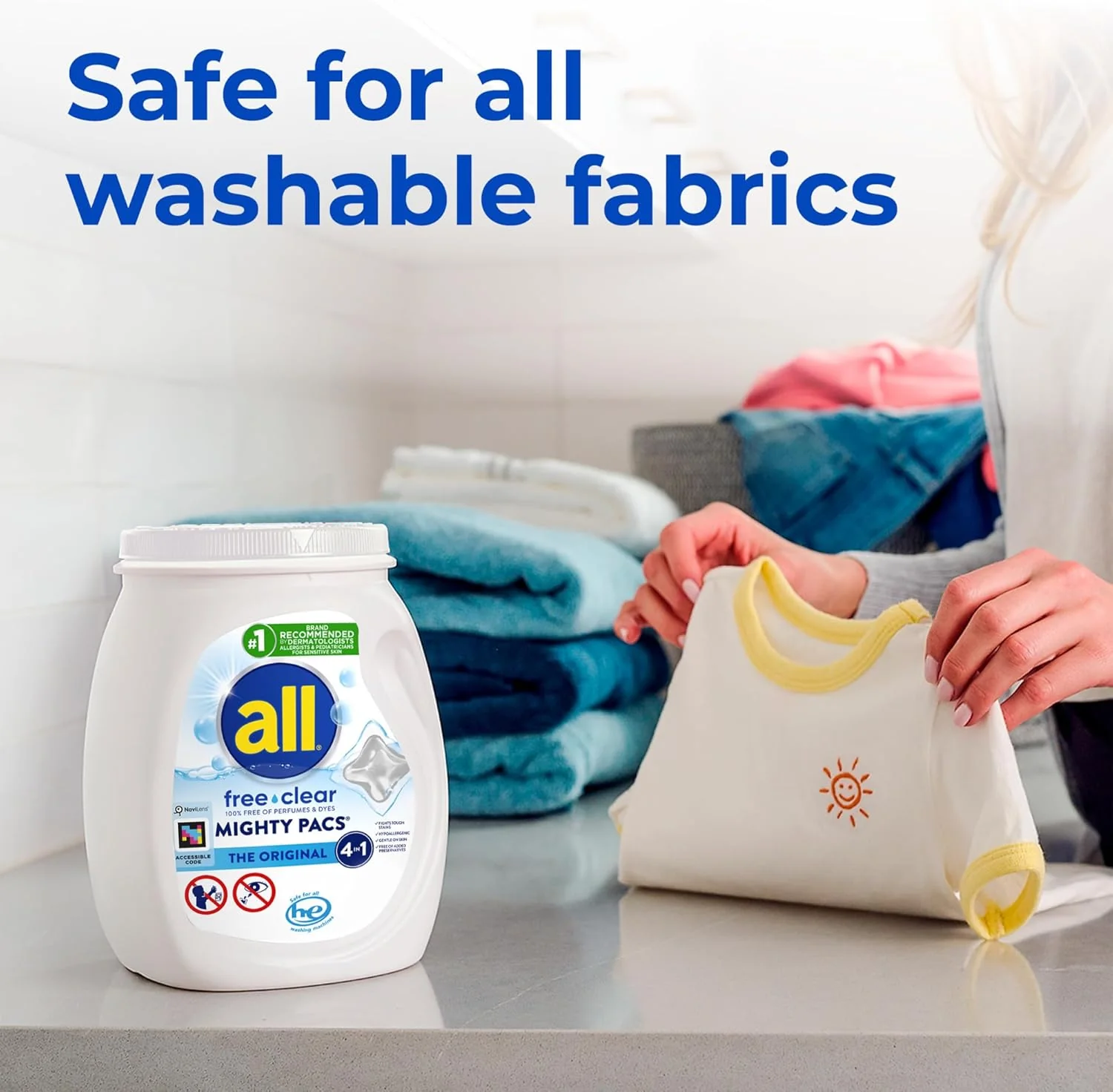 All Mighty Pacs Laundry Detergent, Free Clear for Sensitive Skin, Tub, 60's 1.12kg - Image 6