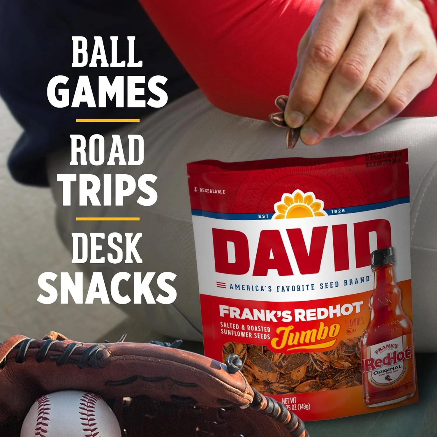 David's Jumbo Sunflower Seeds Franks Red Hot 5.25oz (149g) - Image 3