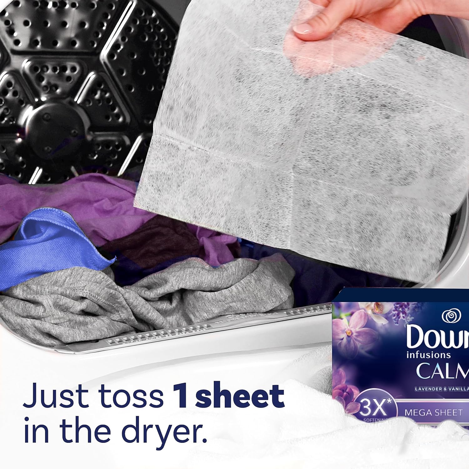 Downy Infusions Mega Dryer Sheets, Laundry Fabric Softener, CALM, Lavender and Vanilla Bean, 130 Count - Image 6