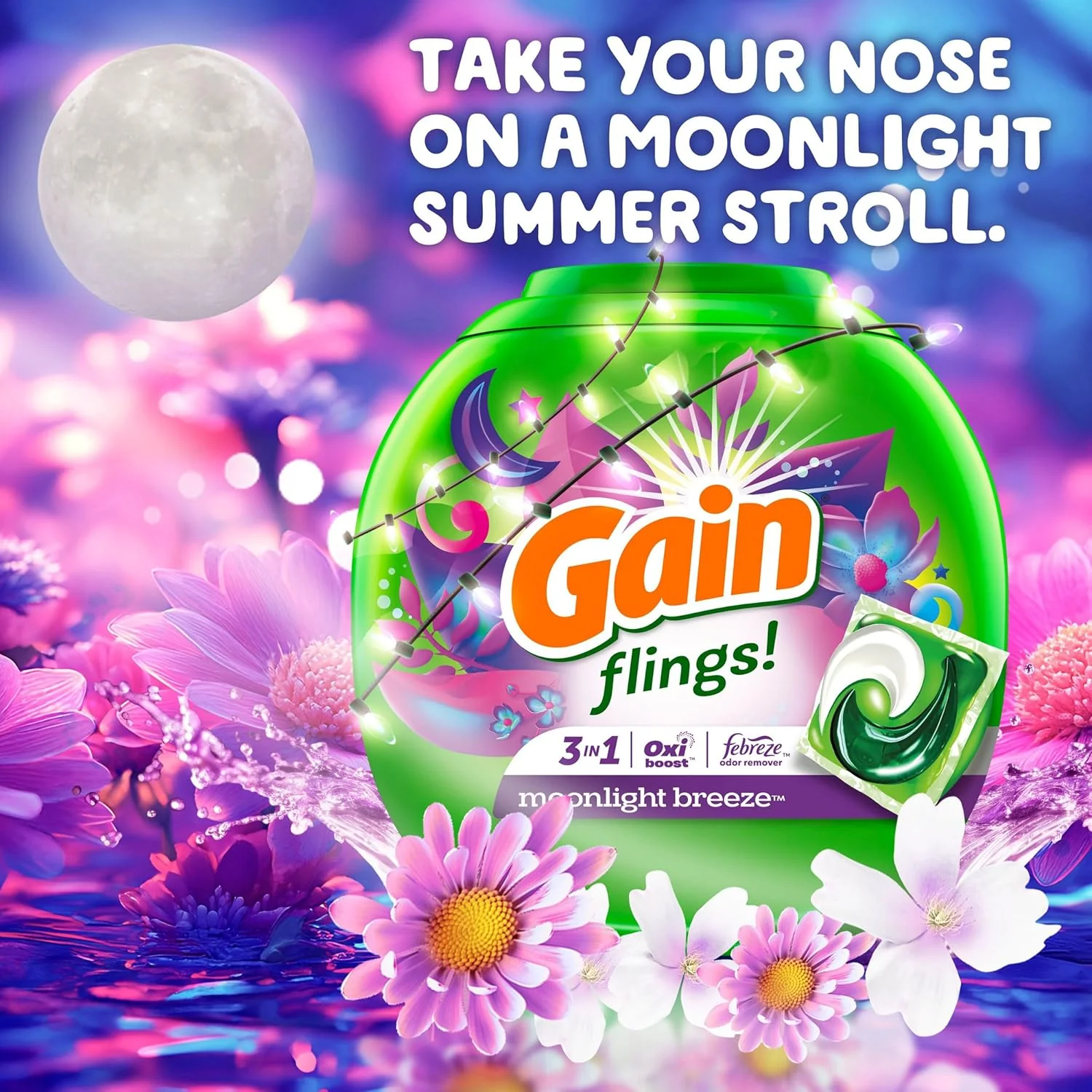 Gain Flings Laundry Detergent Soap Pacs, 3-in-1 Oxi Boost and Febreze, Moonlight Breeze Scent, 60 Count - Image 4