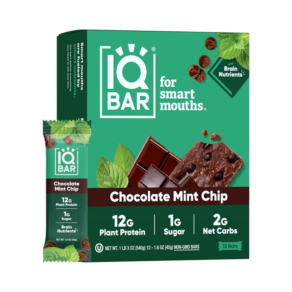 IQBAR Brain and Body Plant Protein Bars I Chocolate Mint Chip I Low Sugar Keto Energy Bar I 12g Protein