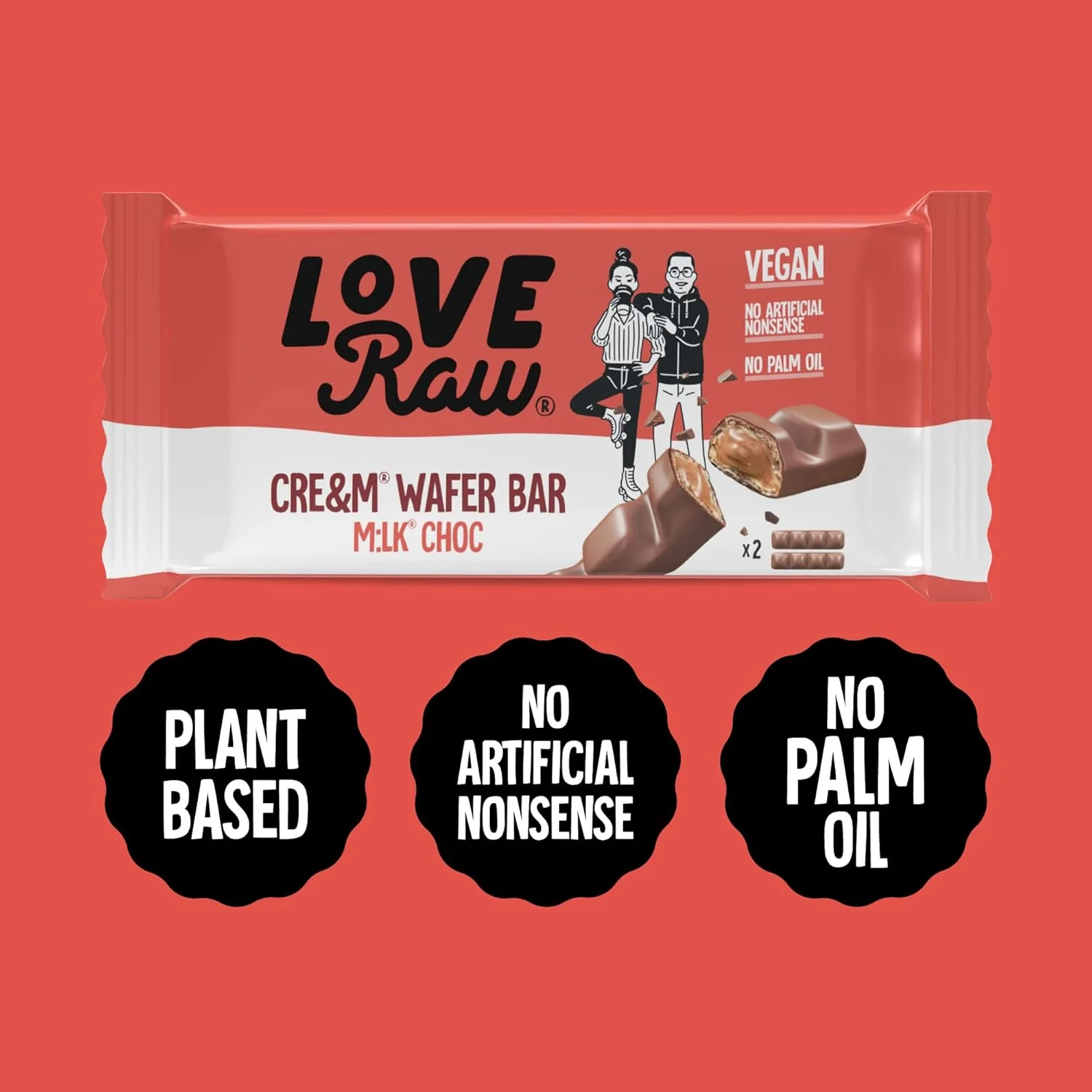 LoveRaw Cre&m Wafer Bars Vegan M:lk Chocolate 43g - Image 3