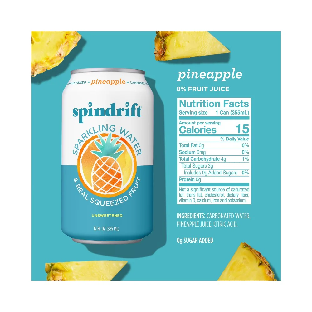 Spindrift Pineapple Flavoured Sparkling Water 12oz (355ml) - Image 2