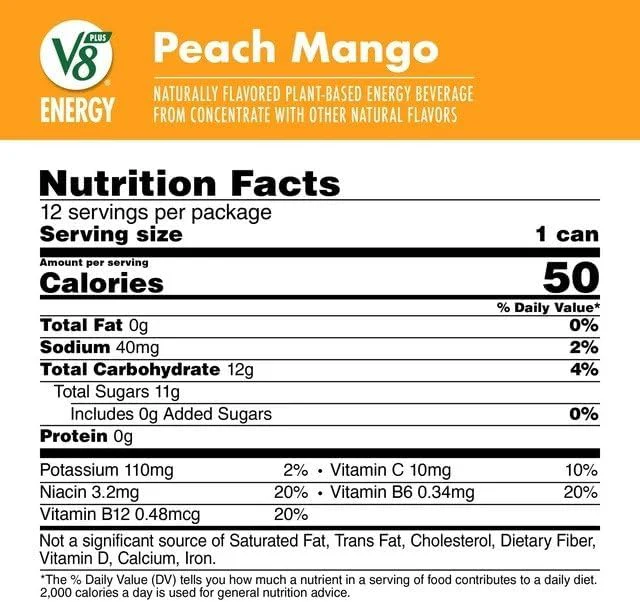 V8 Splash Sparkling & Energy Peach Mango Can 11.5oz (341ml) - Image 6